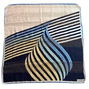 Olga Greco Vintage Square Scarf Navy Blue Yellow Geometric Striped Print